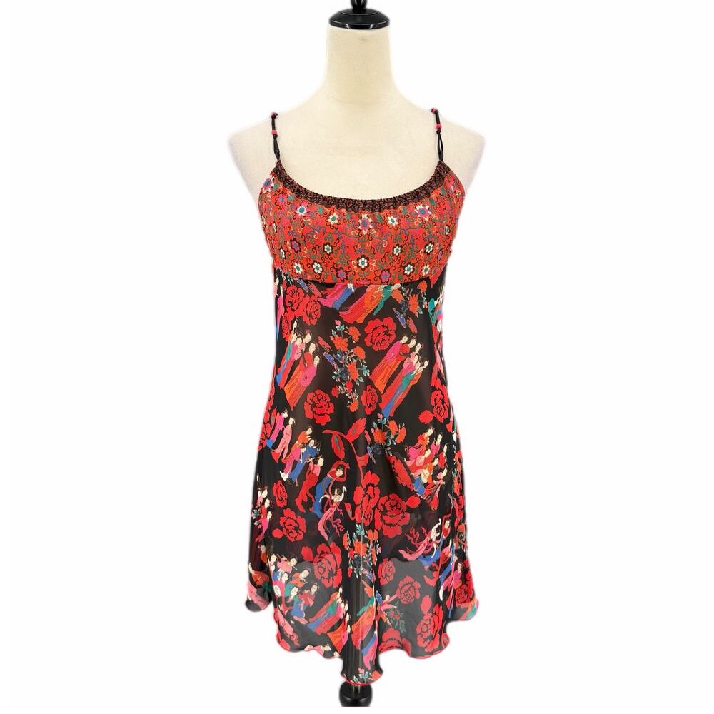Natori Josie Sheer Red Black Floral Chemise Lingerie Feminine Sleep Slip Dress